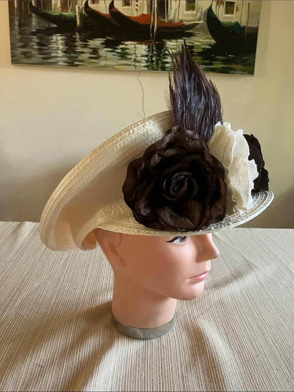 Women’s Cream and Brown Floral Dress Hat with Feather Accent